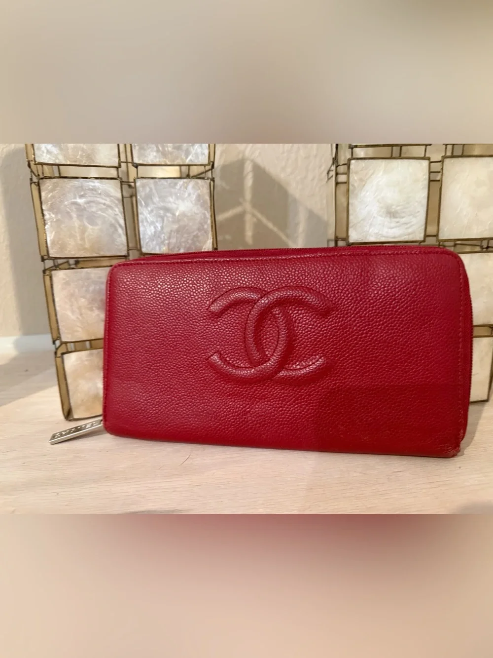 CHANEL Caviar Leather Zip Wallet with Embossed CC